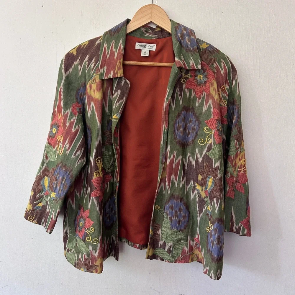 Coldwater Creek Blazer Womens L Green Ikat Floral Embroidered Linen Boho Jacket